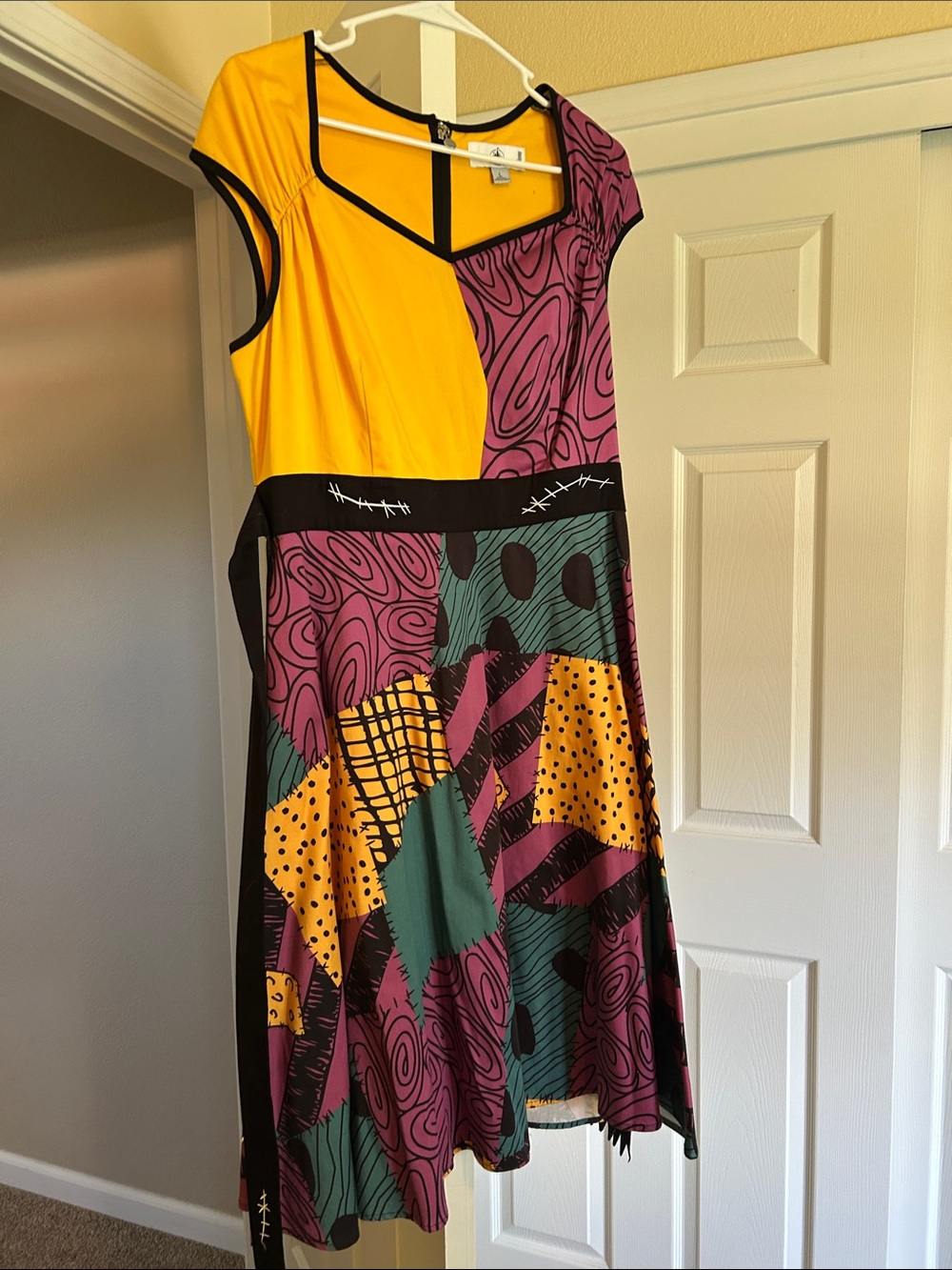 Disney Colorblock Patchwork Midi Dress in Yellow, Purple & Teal